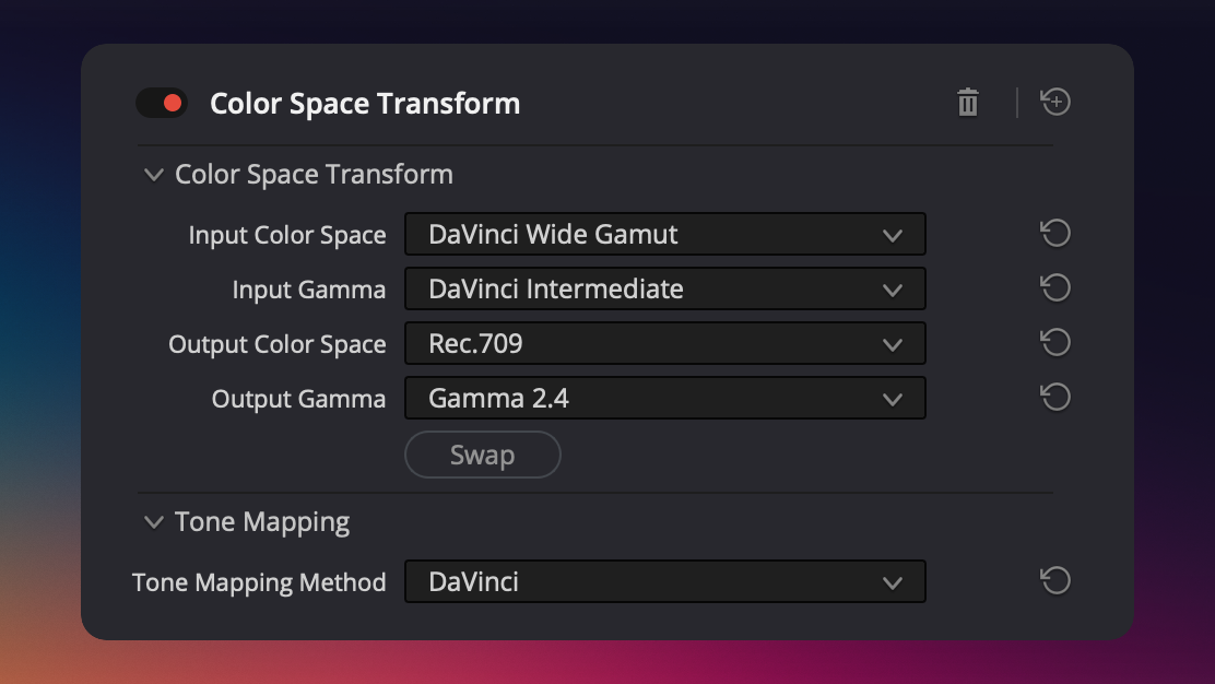 The color space transform plugin of DaVinci Resolve
